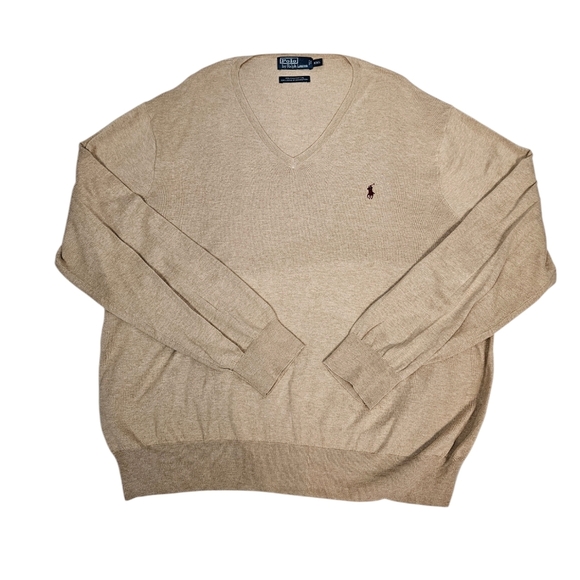 Polo Ralph Lauren Neutral Tan 100% Pima Cotton V-Neck Sweater‎ Size XXL C14 - Picture 1 of 9